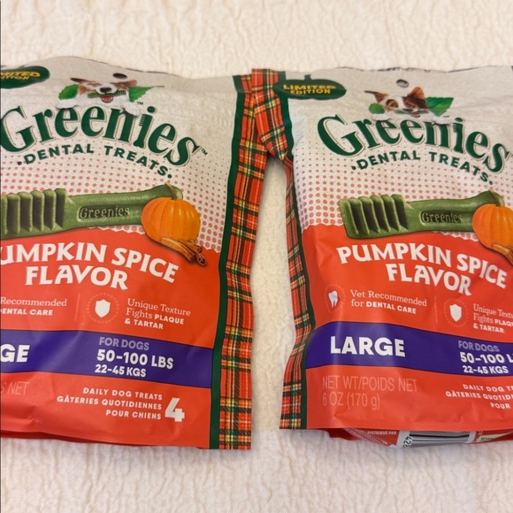 Two bags of Greenies Pumpkin spice dental treats